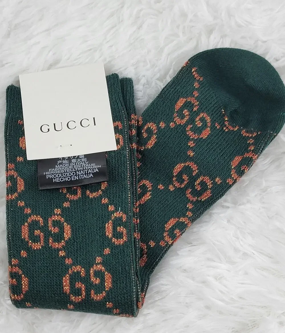 Gucci Crew Socks Unisex GG Logo Metallic 100% Authentic Green Orange Luxury New